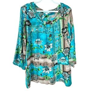 Tropical Teal Floral 3/4 Sleeve Dressbarn Coastal Beaded Collar Top Size XL